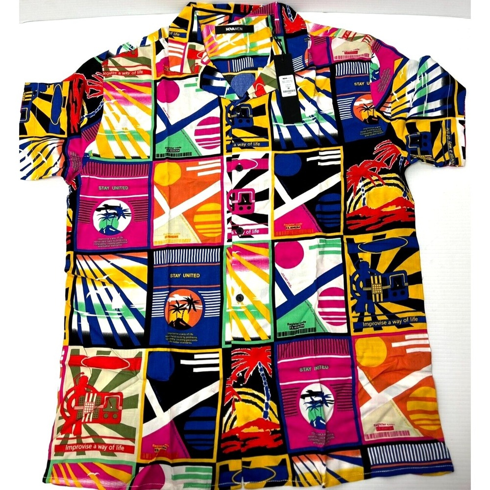Novamen Beach Shirt Postal Short Sleeve Medium Woven Button Down 100% Viscose